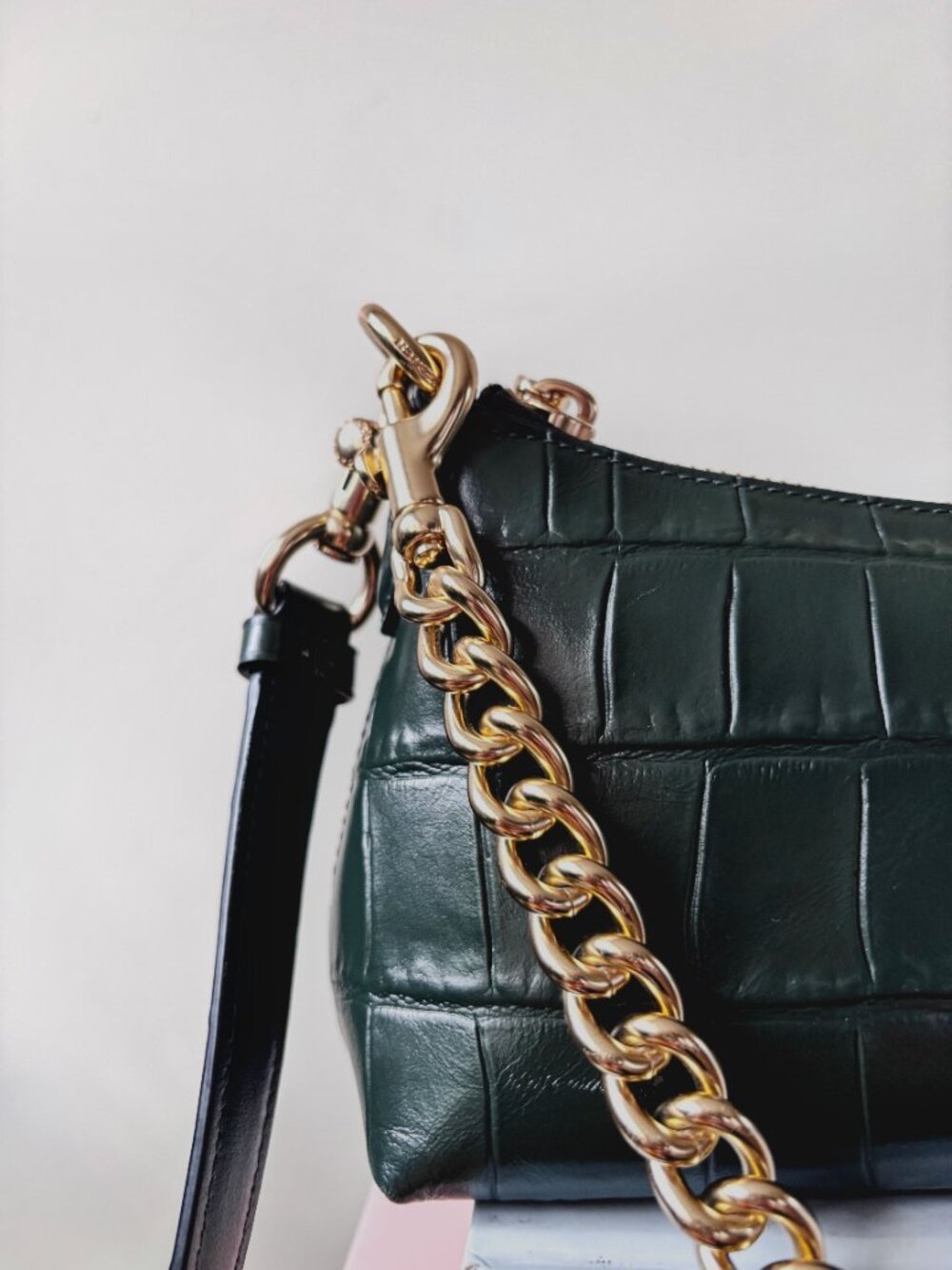 Coach Charlotte Shoulder Bag Dark Green Croc Embossed Leather Gold Chain LikeNew - Picture 3 of 8